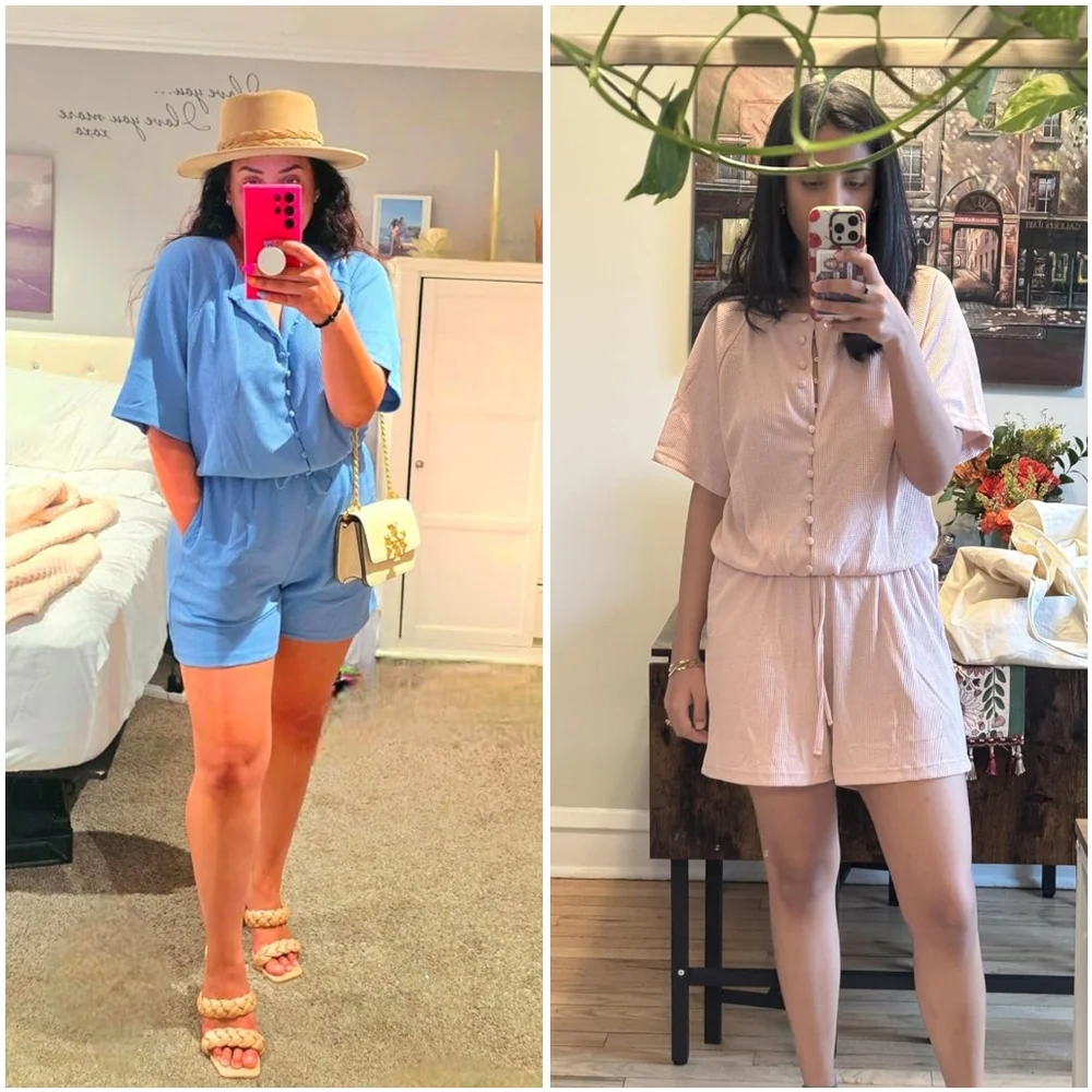 NEW Fixmatti Green Waffle Knit Crew Button Short Sleeve Romper Jumpsuit Beach S - Picture 7 of 15